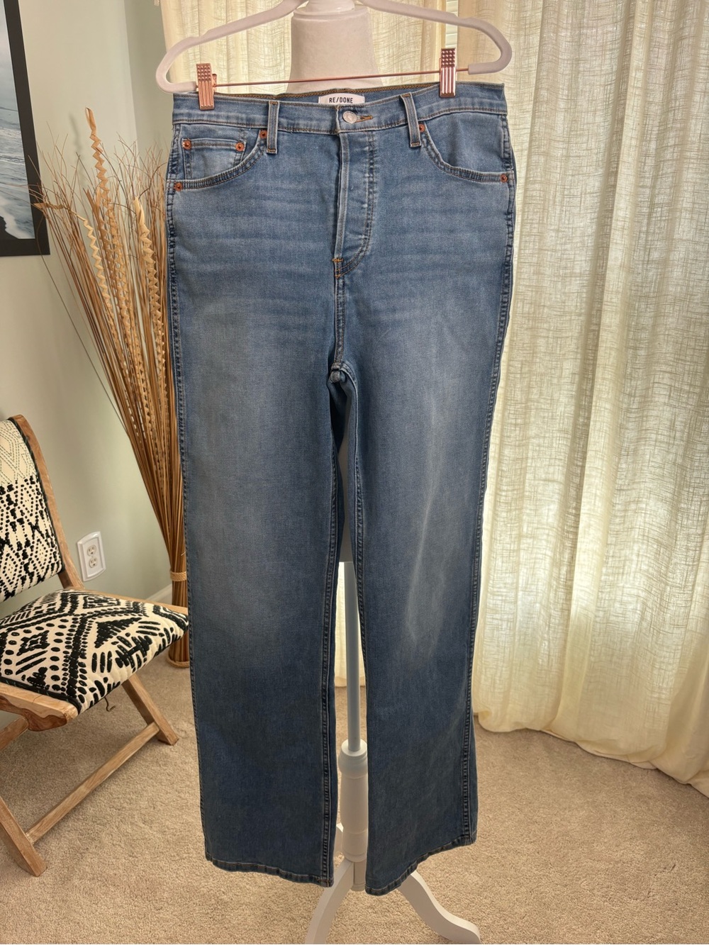 Re/Done Button Fly High Rise Straight Leg Jeans Vintage Faded Blue - Size 29